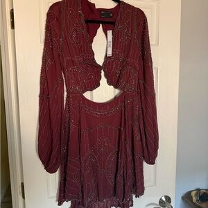 ASOS Long Sleeve Beaded Dress with Cutouts in Wine